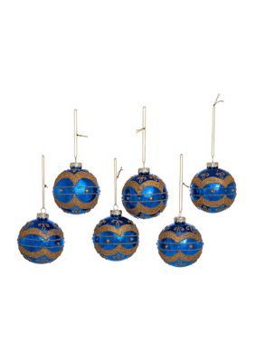 80 Millimeter Shiny Navy Blue Glass Ball with Gold - 6 Piece Set 