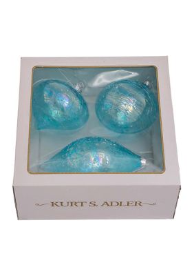 80 Millimeter Blue Finial, Onion, and Ball Glass Ornaments - 3 Piece Set 