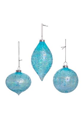 80 Millimeter Blue Finial, Onion, and Ball Glass Ornaments - 3 Piece Set 