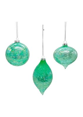 80MM Glass Iridescent Green Onion, Ball and Finial 3-Piece Ornament Set