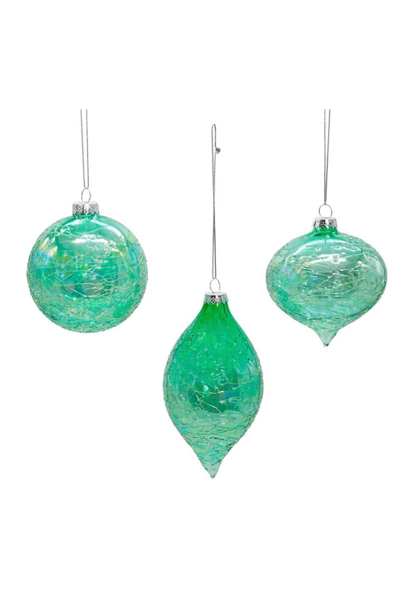 80MM Glass Iridescent Green Onion, Ball and Finial 3-Piece Ornament Set