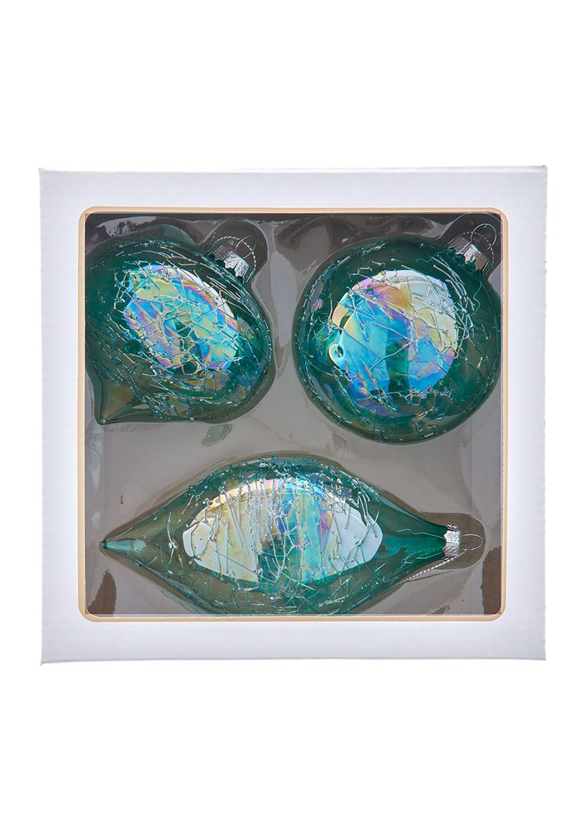 80MM Glass Iridescent Green Onion, Ball and Finial 3-Piece Ornament Set