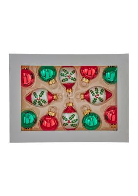 35MM Glass Green and Red Ball and Finial 12-Piece Ornament Set