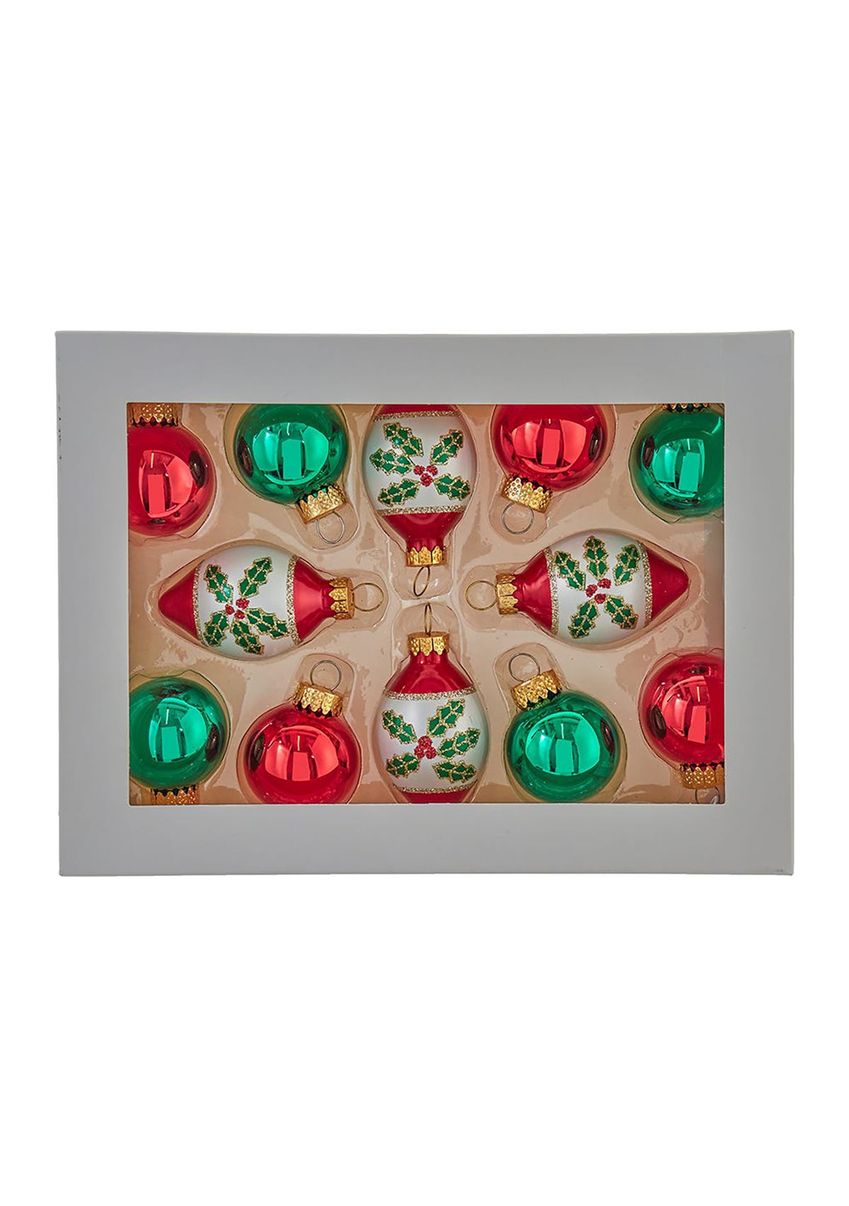 35MM Glass Green and Red Ball and Finial 12-Piece Ornament Set