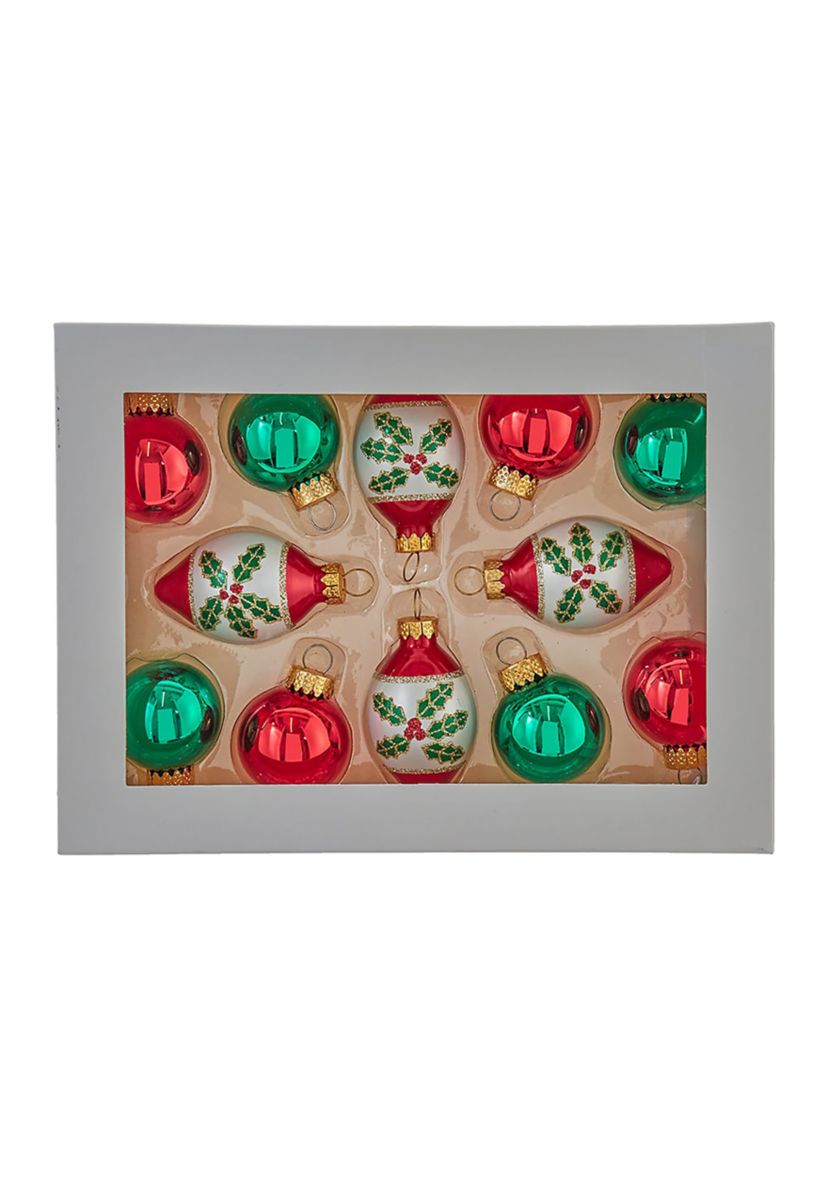 35MM Glass Green and Red Ball and Finial 12-Piece Ornament Set