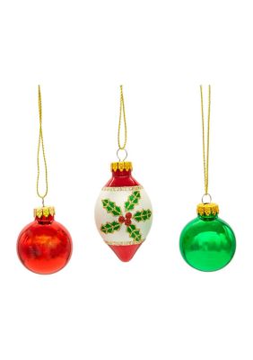 35MM Glass Green and Red Ball and Finial 12-Piece Ornament Set