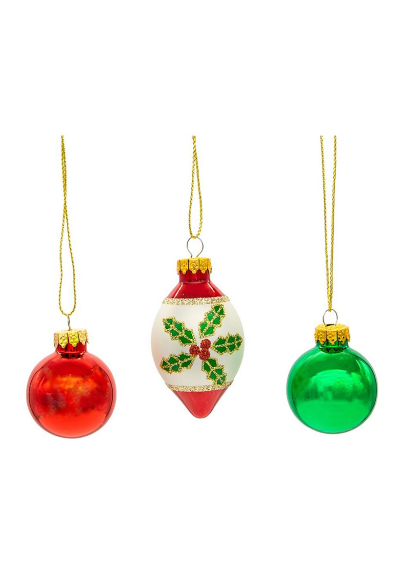 35MM Glass Green and Red Ball and Finial 12-Piece Ornament Set