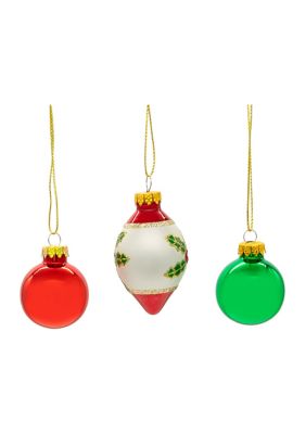 35MM Glass Green and Red Ball and Finial 12-Piece Ornament Set