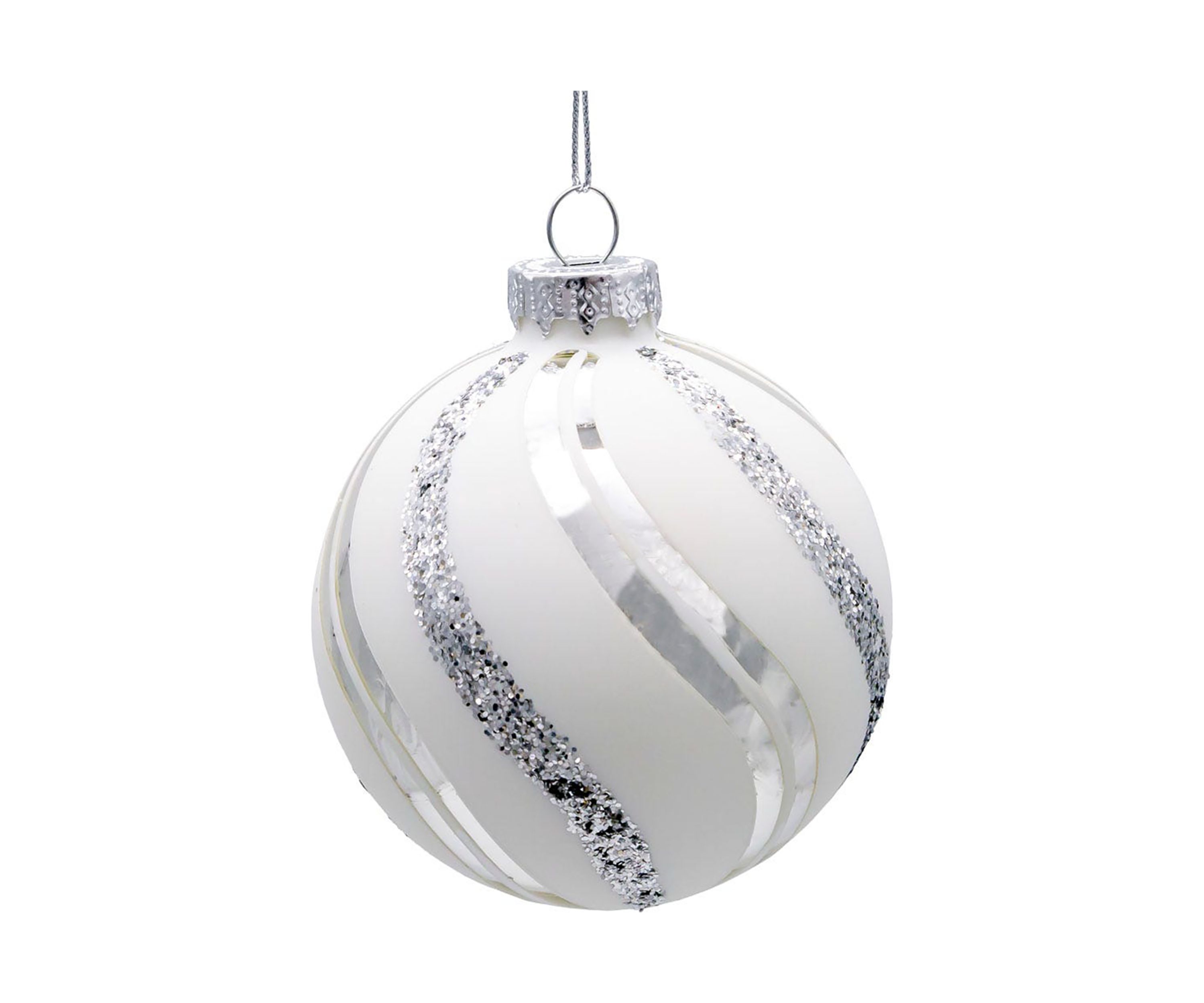 80MM Glass White Glittered Swirl 6-Piece Ball Ornament Set