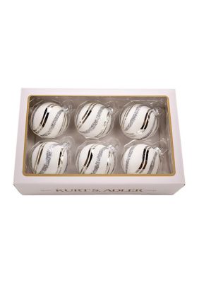 80MM Glass White Glittered Swirl 6-Piece Ball Ornament Set