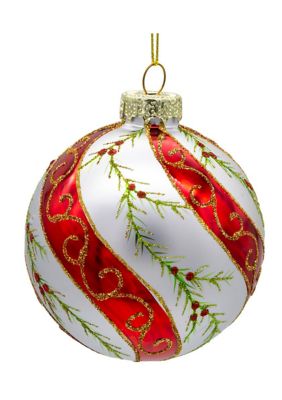 Kurt S. Adler 80MM Glass Red and White Holly Leaves 6-Piece Ball Ornament Set