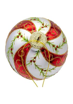 80MM Glass Red and White Holly Leaves 6-Piece Ball Ornament Set