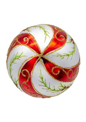 80MM Glass Red and White Holly Leaves 6-Piece Ball Ornament Set