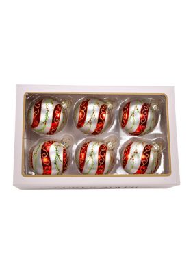 80MM Glass Red and White Holly Leaves 6-Piece Ball Ornament Set