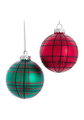 80 MM Red and Green Plaid Glitter Balls, 6-Piece Set