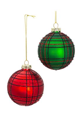 80 MM Red and Green Plaid Glitter Balls, 6-Piece Set