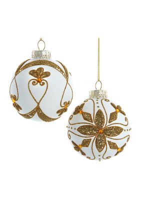 Kurt S. Adler 80 MM White Balls with Gold Beads, 6-Piece Set