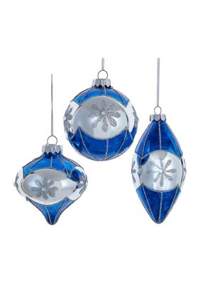 80MM Glass Blue Snowflake Ball, Onion and Teardrop Shaped Ornaments, 3-Piece Set