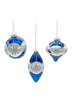 80MM Glass Blue Snowflake Ball, Onion and Teardrop Shaped Ornaments, 3-Piece Set