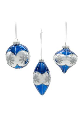 80MM Glass Blue Snowflake Ball, Onion and Teardrop Shaped Ornaments, 3-Piece Set