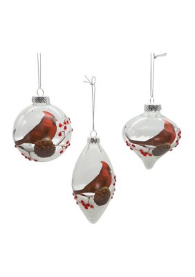 Kurt S. Adler 80Mm Glass Transparent Cardinal Ball, Onion And Teardrop Shaped Ornaments, 3-Piece Set