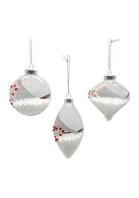 80MM Glass Transparent Cardinal Ball, Onion and Teardrop Shaped Ornaments, 3-Piece Set