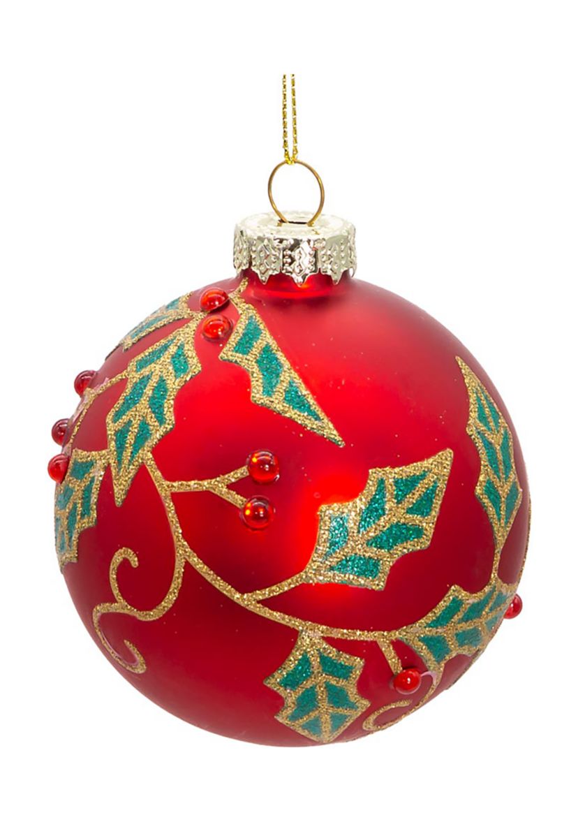 80MM Glass Red Berry and Holly Leaves 6-Piece Ball Ornament Set