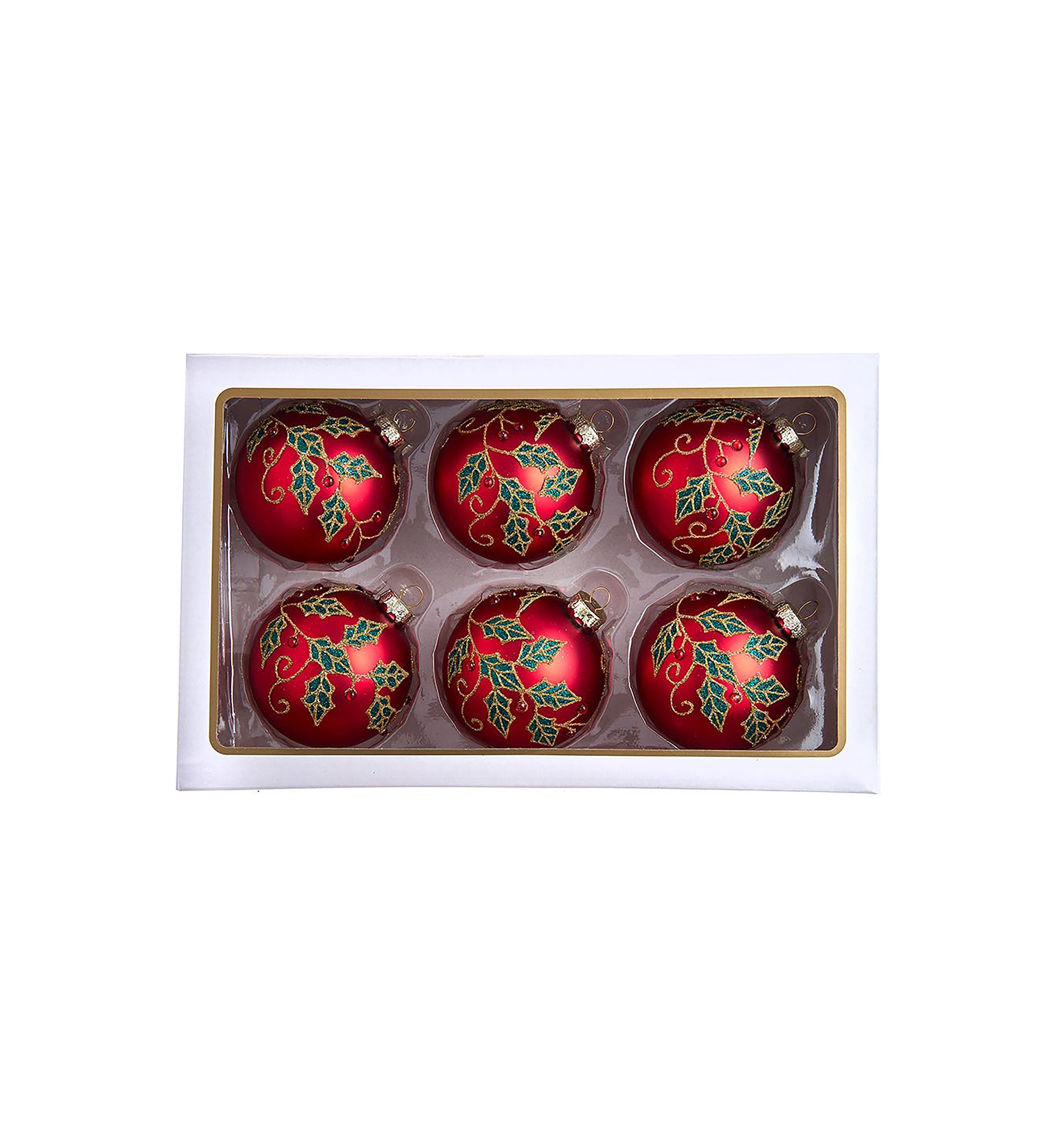80MM Glass Red Berry and Holly Leaves 6-Piece Ball Ornament Set