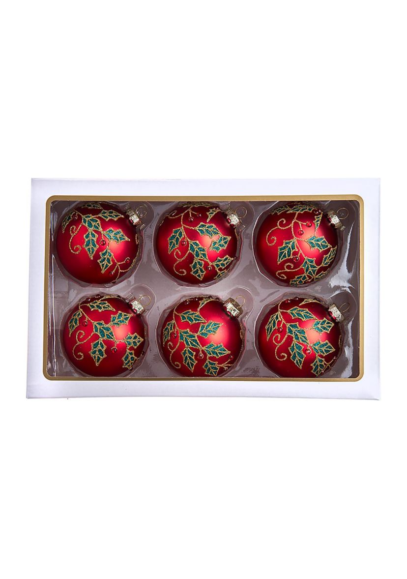 80MM Glass Red Berry and Holly Leaves 6-Piece Ball Ornament Set