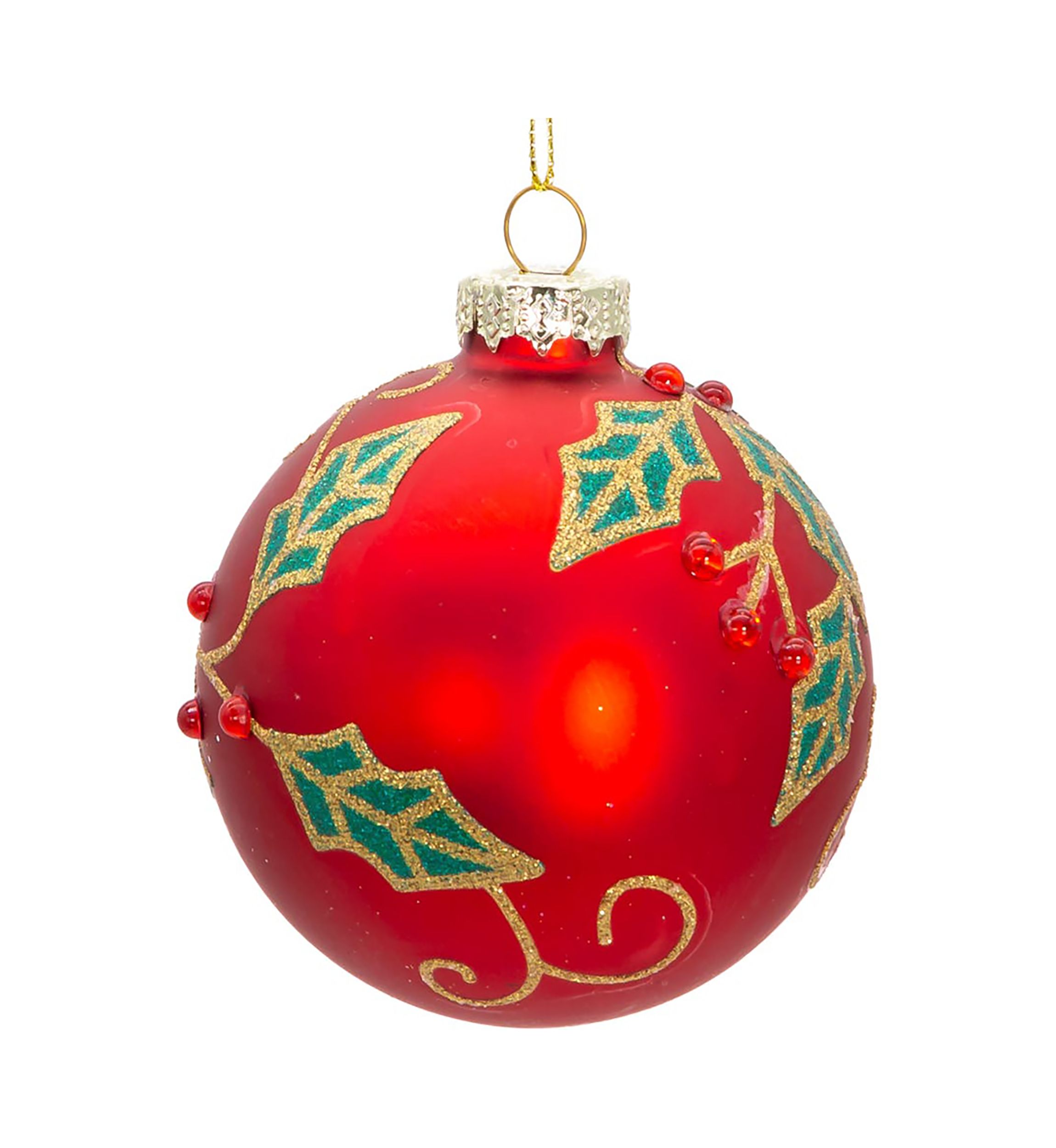 80MM Glass Red Berry and Holly Leaves 6-Piece Ball Ornament Set