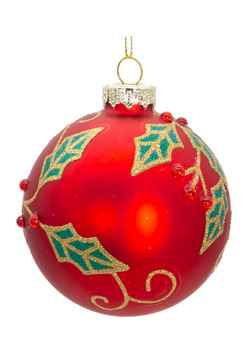 80MM Glass Red Berry and Holly Leaves 6-Piece Ball Ornament Set