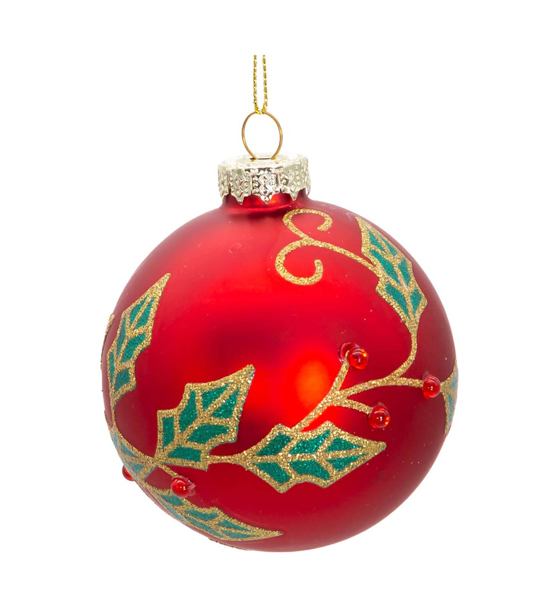 80MM Glass Red Berry and Holly Leaves 6-Piece Ball Ornament Set