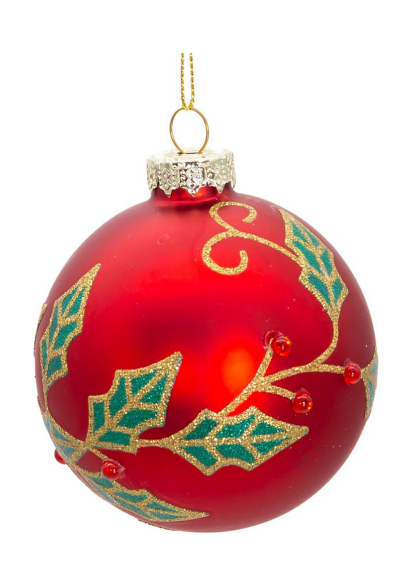 80MM Glass Red Berry and Holly Leaves 6-Piece Ball Ornament Set