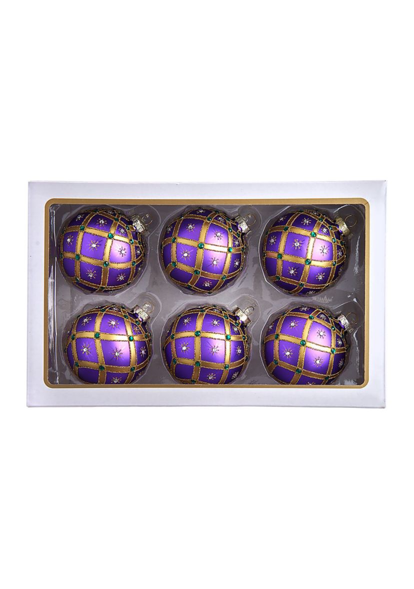 80MM Glass Purple Jewel 6-Piece Ball Ornament Set