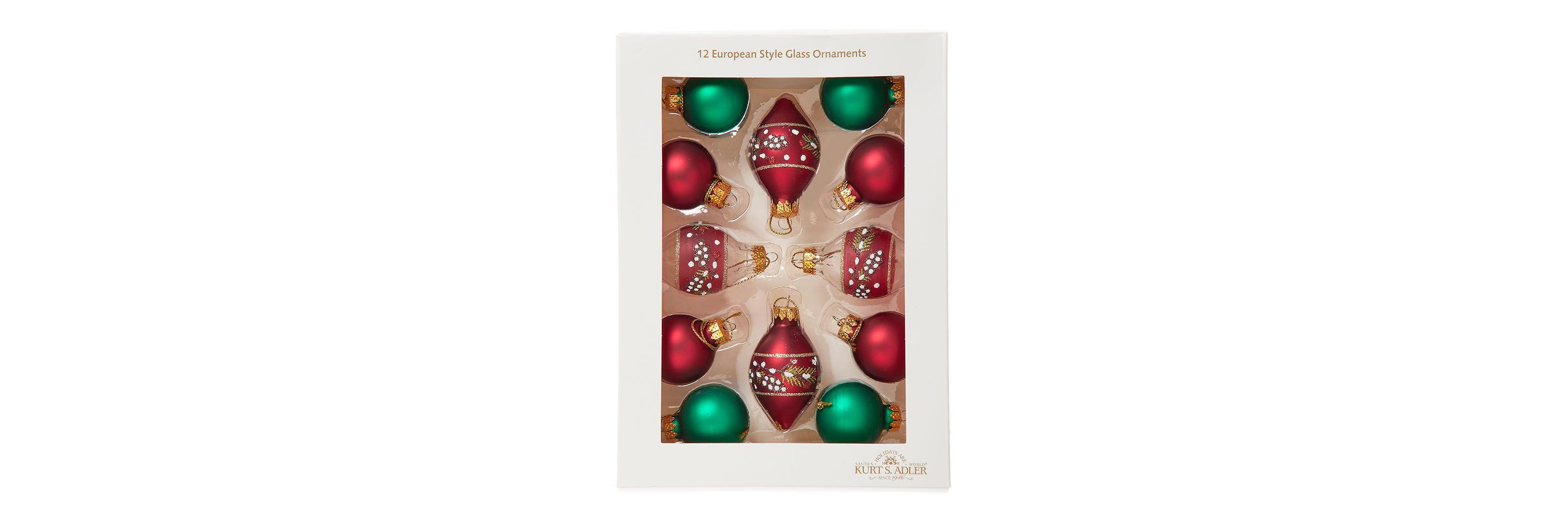 Kurt Adler 35MM Glass Green and Burgundy With Pinecone Ball 12-Piece Ornament Set