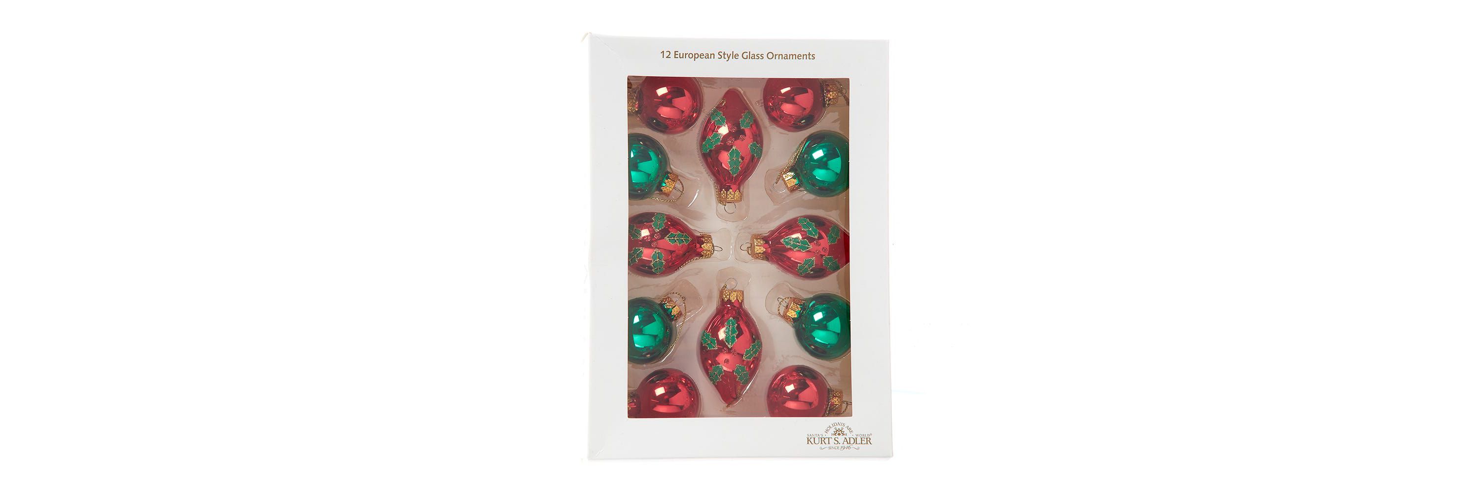 Kurt Adler 35MM Glass Green and Red With Holly Leaves Ball 12-Piece Ornament Set