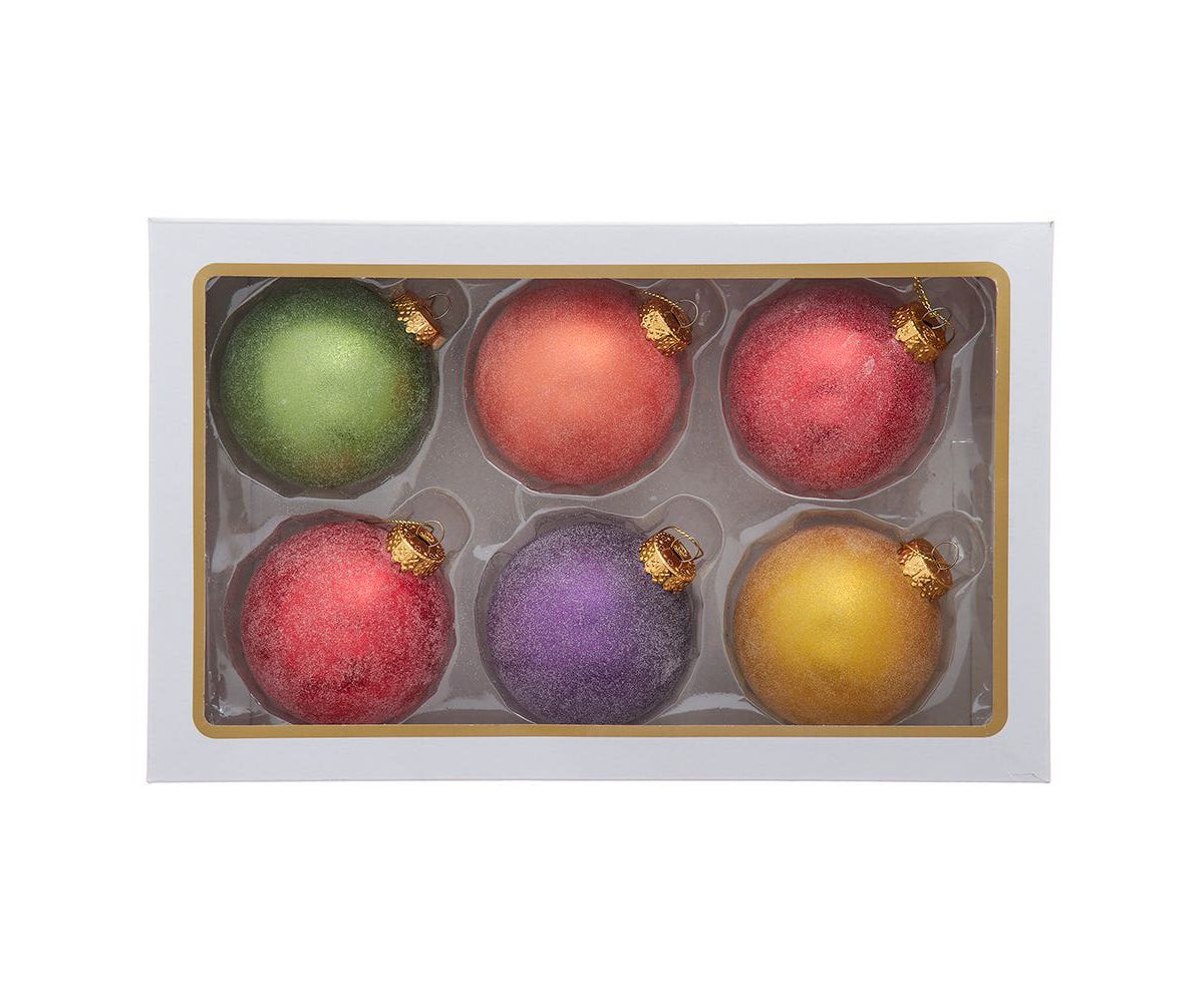 Kurt Adler 80MM Glass Sugar Frosted Solid Color Ball 6-Piece Ornament Set