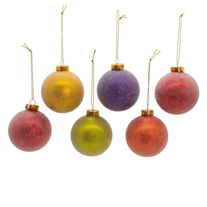 Kurt Adler 80MM Glass Sugar Frosted Solid Color Ball 6-Piece Ornament Set