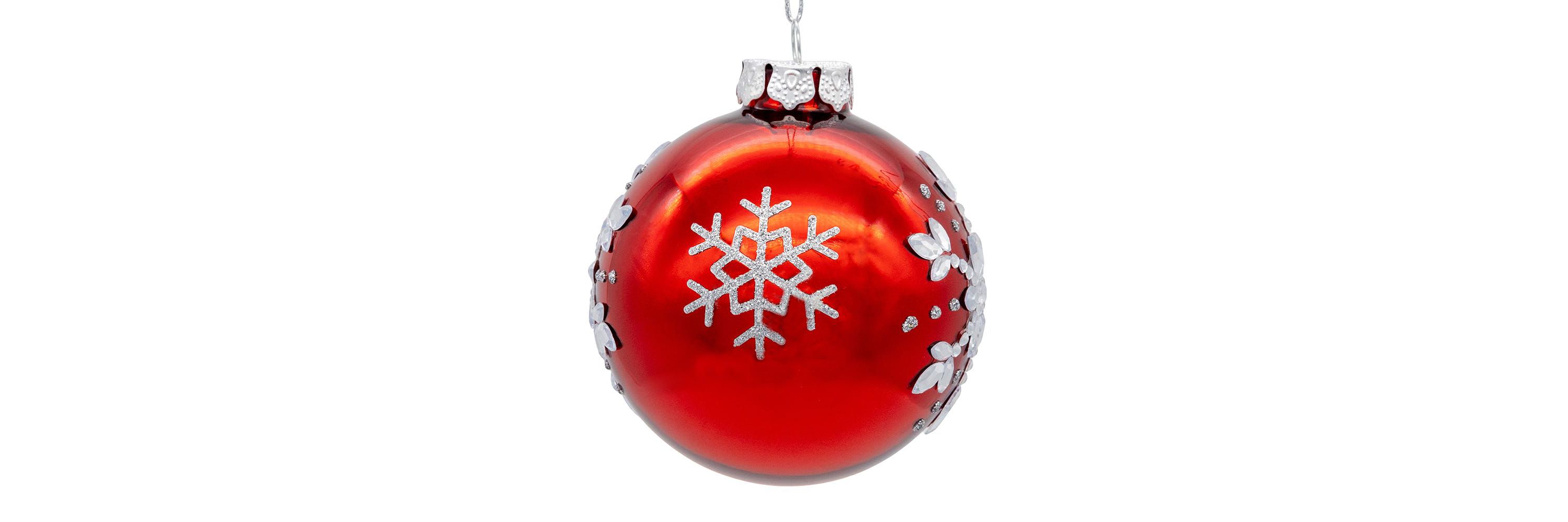 Kurt Adler 80MM Glass Shiny Red With Silver Snowflake Ball 6-Piece Ornament Set