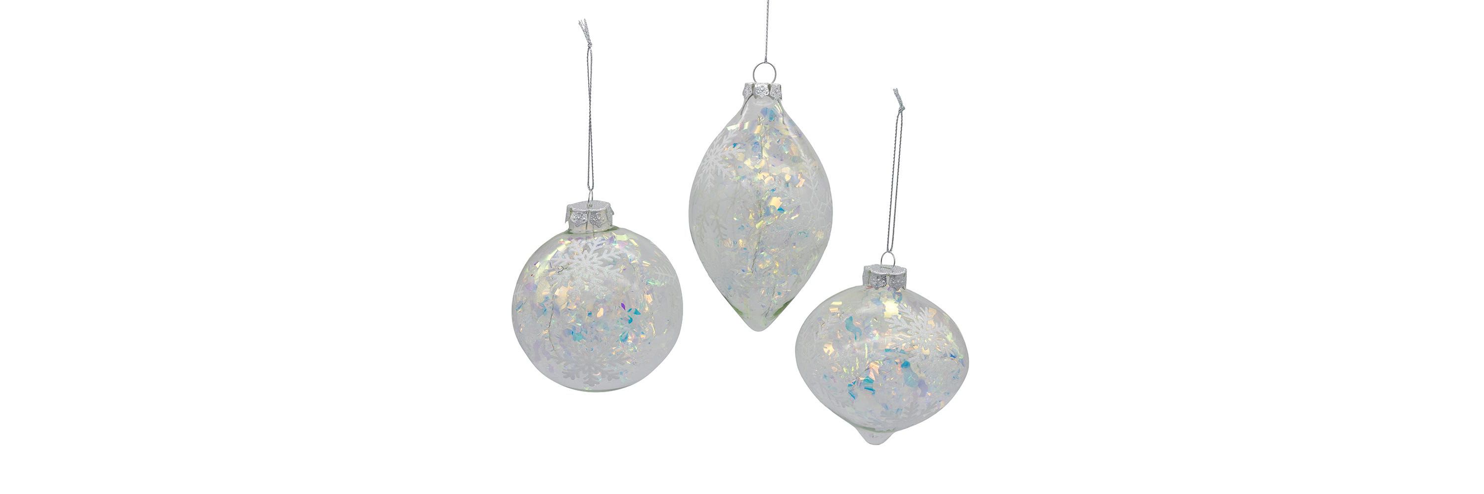 Kurt Adler 90MM Glass Iridescent Snowflake Ball, Finial, and Onion 3-Piece Ornament Set
