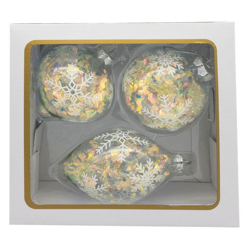 Kurt Adler 90MM Glass Iridescent Snowflake Ball, Finial, and Onion 3-Piece Ornament Set
