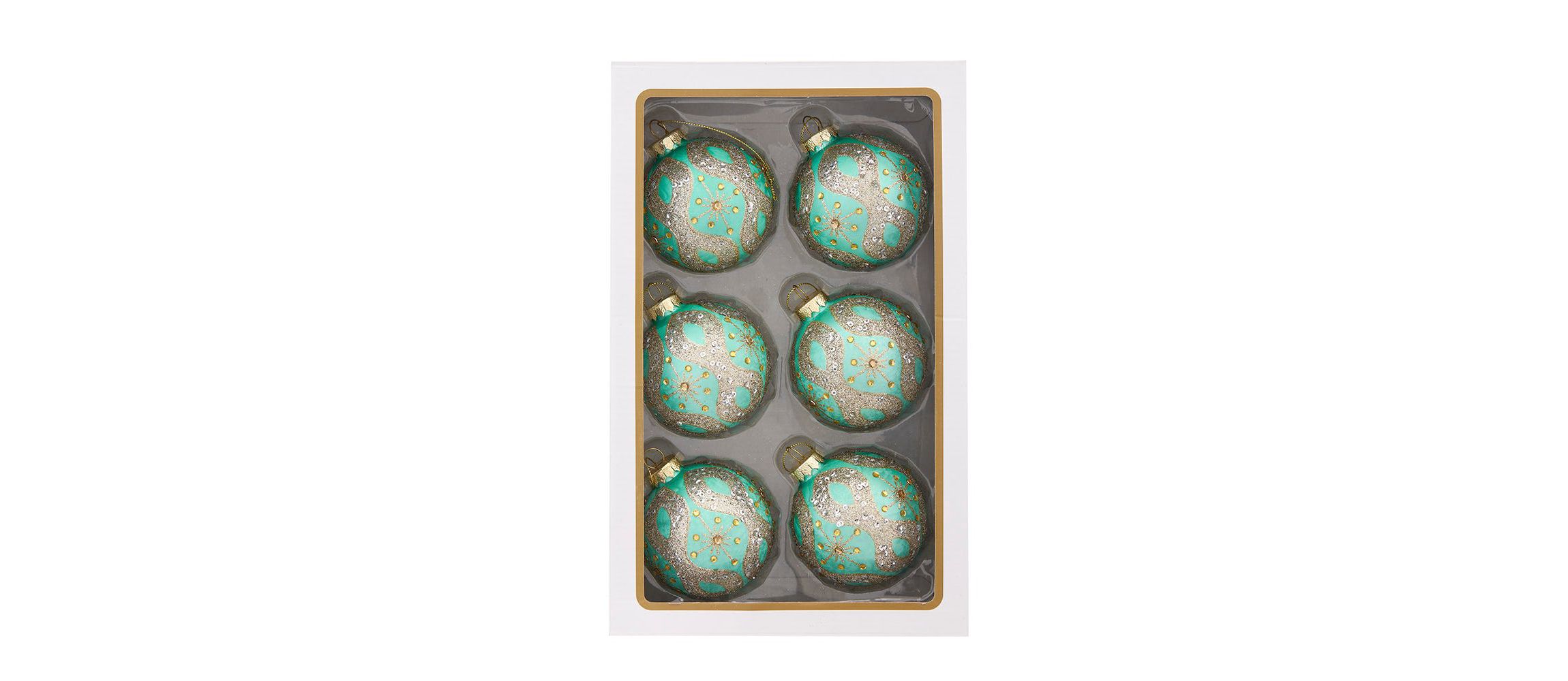 80MM Glass Teal and Blue Glass Ornaments, 6-Piece Box