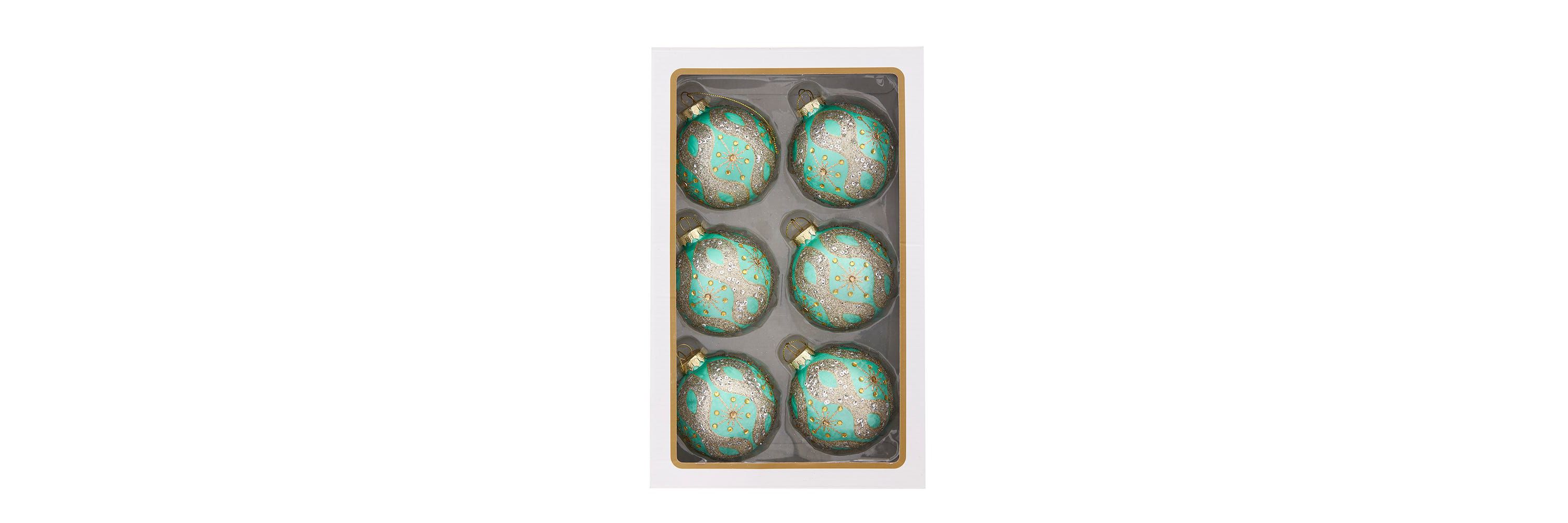 80MM Glass Teal and Blue Glass Ornaments, 6-Piece Box