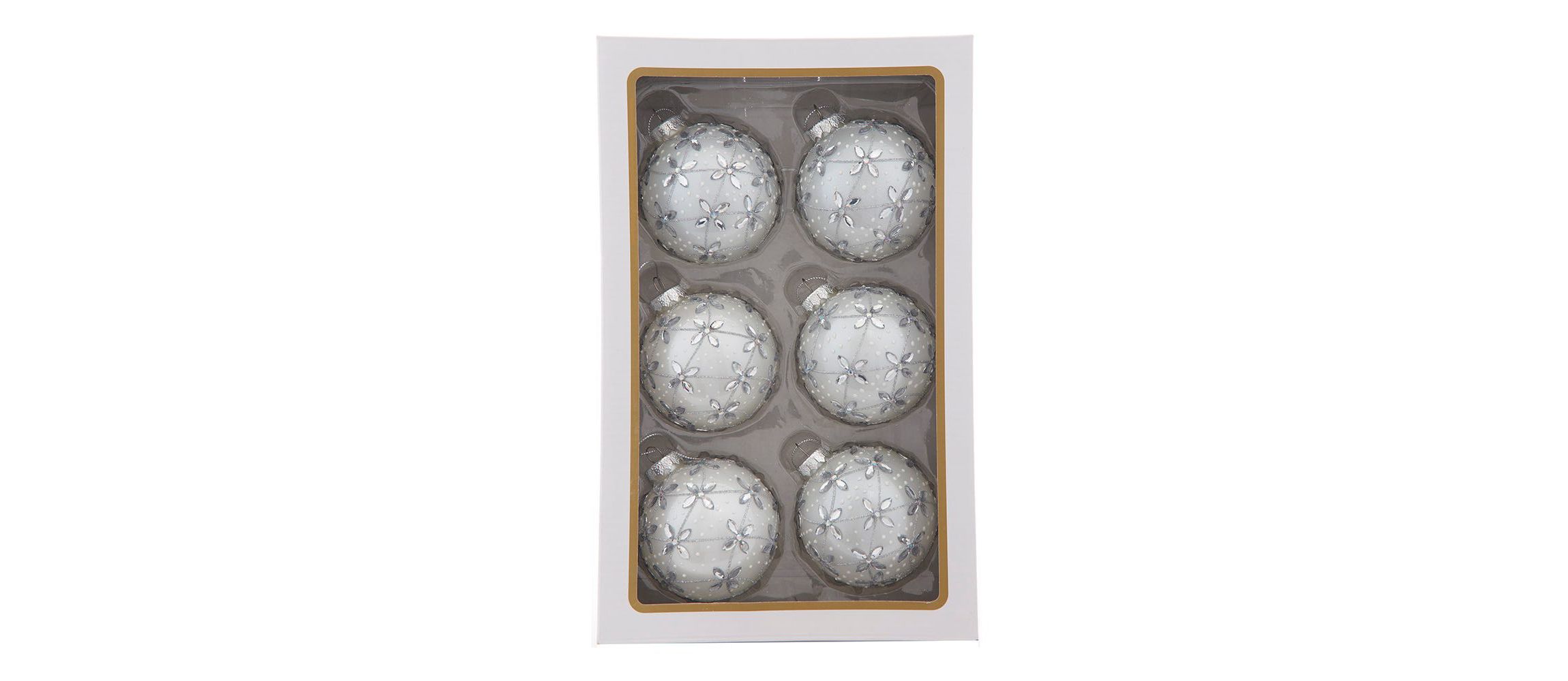 80MM Glass Silver Jeweled Ball Ornaments, 6-Piece Box