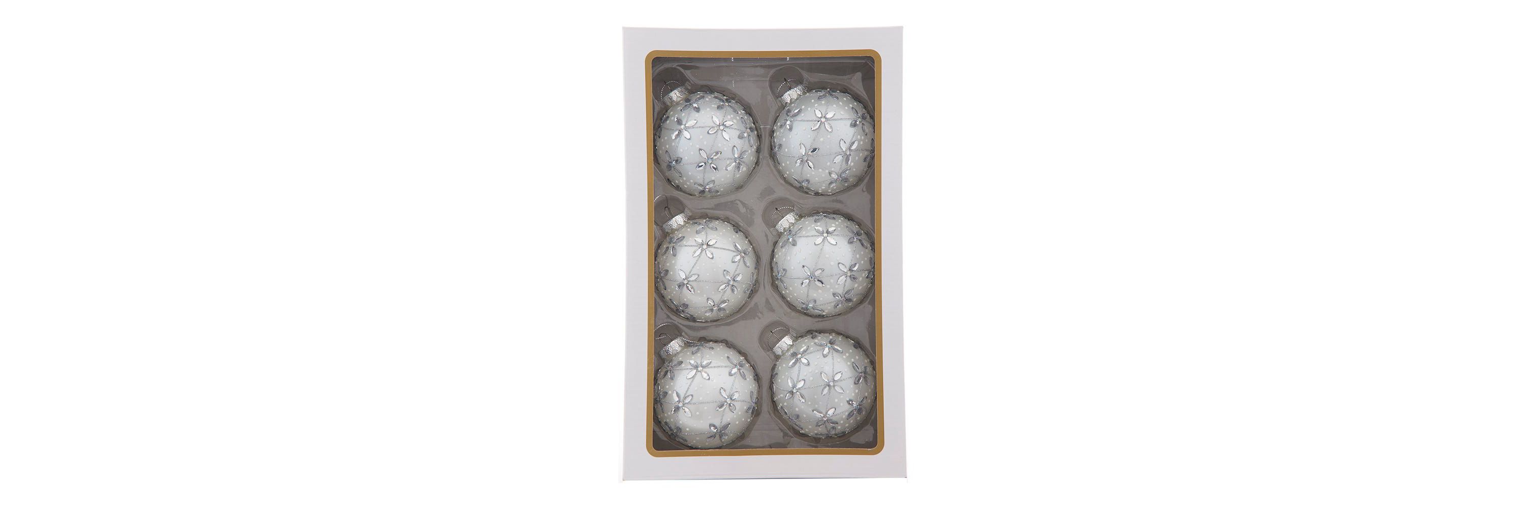 80MM Glass Silver Jeweled Ball Ornaments, 6-Piece Box