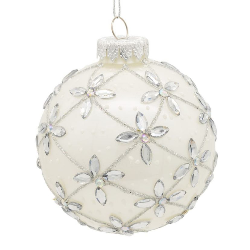 80MM Glass Silver Jeweled Ball Ornaments, 6-Piece Box