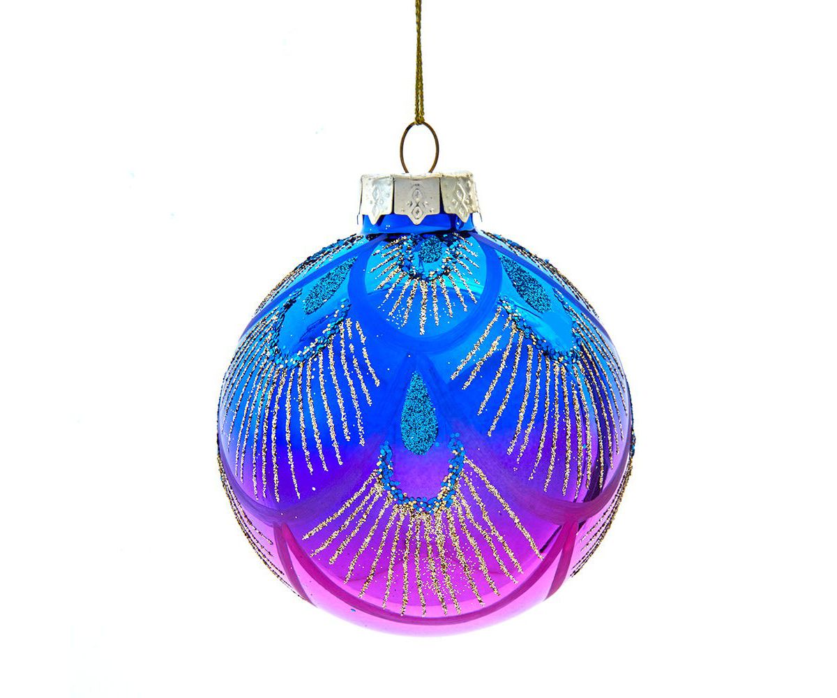 80MM Glass Purple and Blue Peacock Ball Ornaments, beautifully packaged in a 6-piece box