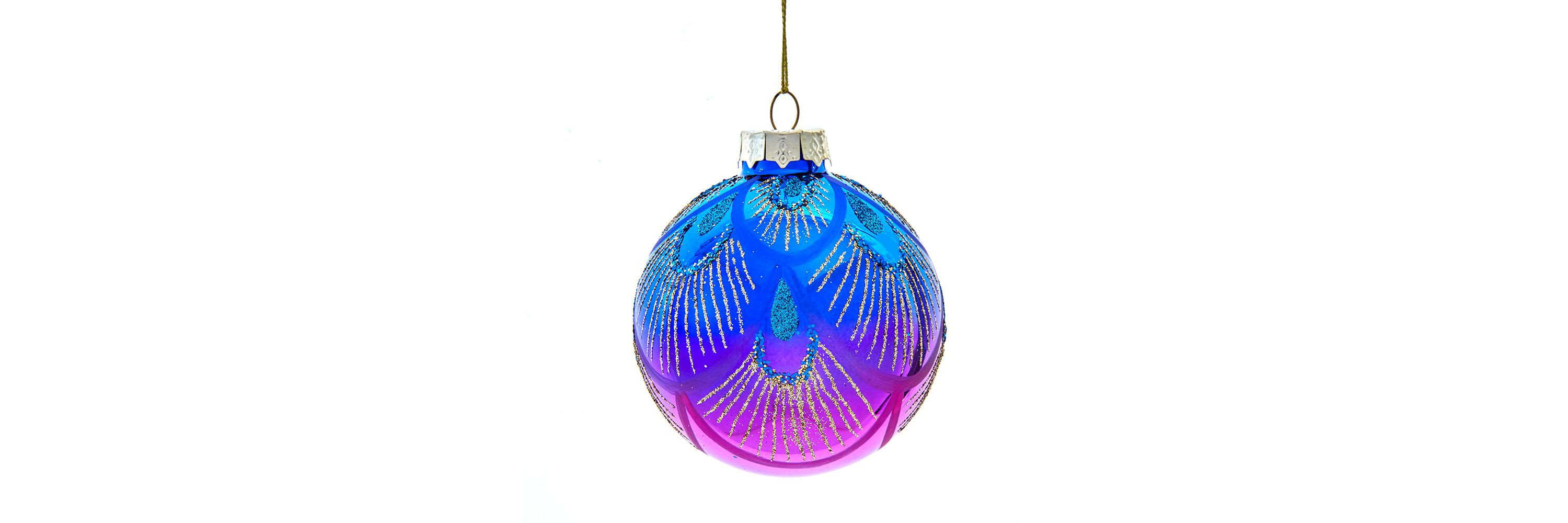 80MM Glass Purple and Blue Peacock Ball Ornaments, beautifully packaged in a 6-piece box