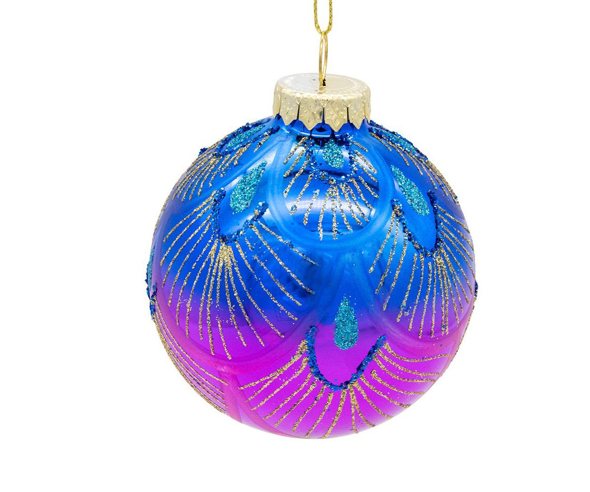 80MM Glass Purple and Blue Peacock Ball Ornaments, beautifully packaged in a 6-piece box