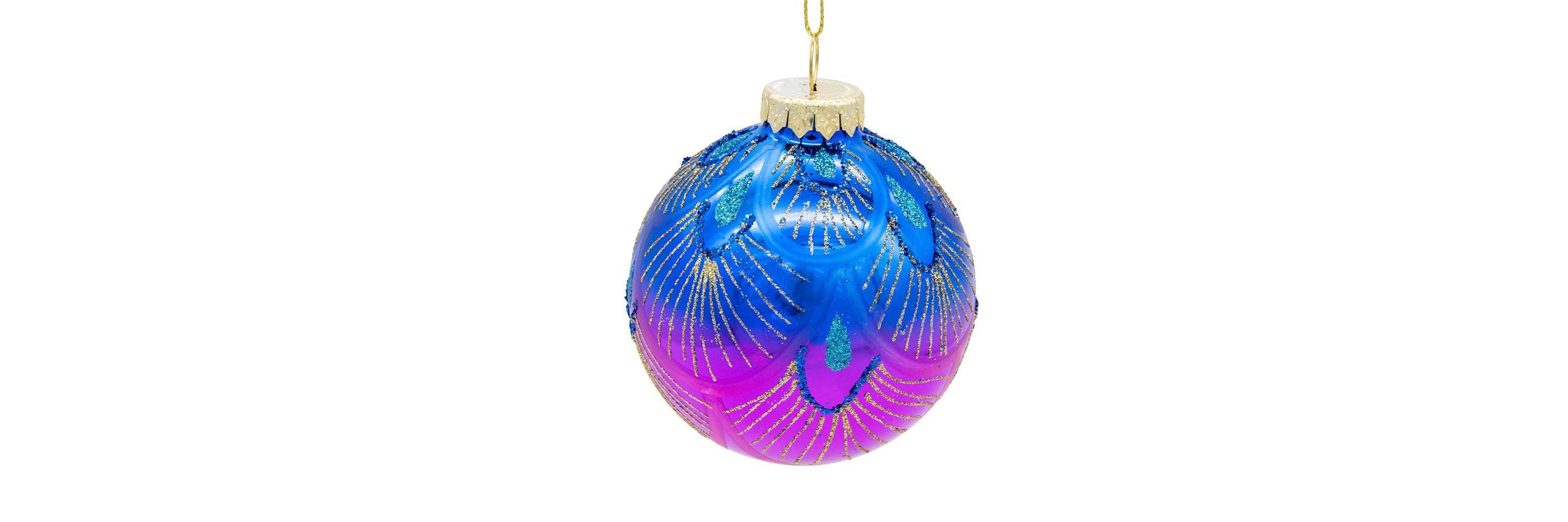 80MM Glass Purple and Blue Peacock Ball Ornaments, beautifully packaged in a 6-piece box